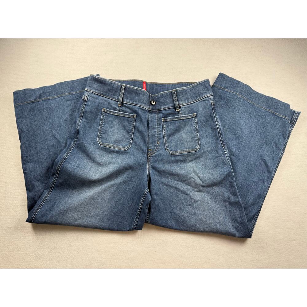 Spanx Women Jeans 1X Blue EUC Wide Leg Patch Pockets